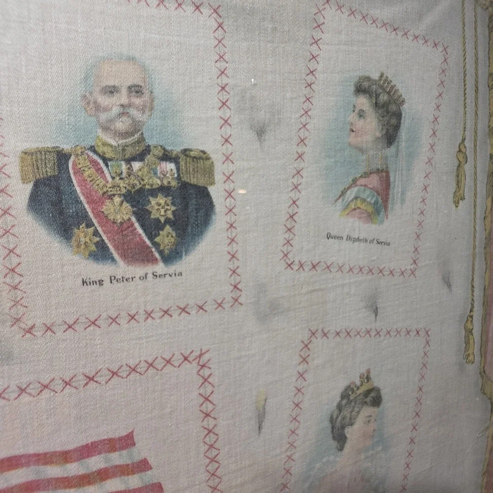 Antique Silk Tobacco Rug American European Royalty Monarchs Textile WWI Era